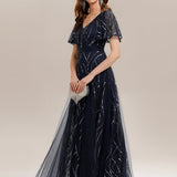ever VEDA|Robe Longue à Manches Courtes à Volants Col V avec Détails en Sequins