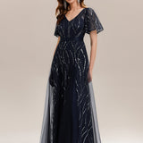 ever VEDA|Robe Longue à Manches Courtes à Volants Col V avec Détails en Sequins