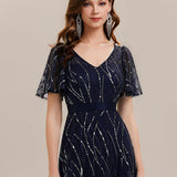 ever VEDA|Robe Longue à Manches Courtes à Volants Col V avec Détails en Sequins