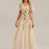 ever ORLA|Robe longue à manches courtes en sequins avec volants et décolleté en V