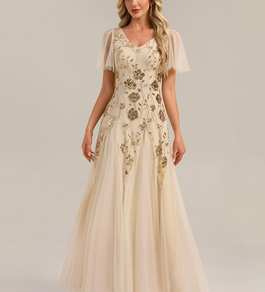 ever ORLA|Robe longue à manches courtes en sequins avec volants et décolleté en V