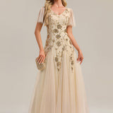 ever ORLA|Robe longue à manches courtes en sequins avec volants et décolleté en V