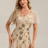 ever ORLA|Robe longue à manches courtes en sequins avec volants et décolleté en V