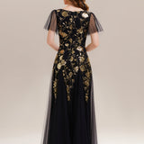 ever ORLA|Robe longue à manches courtes en sequins avec volants et décolleté en V