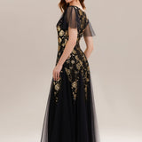 ever ORLA|Robe longue à manches courtes en sequins avec volants et décolleté en V