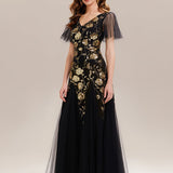 ever ORLA|Robe longue à manches courtes en sequins avec volants et décolleté en V