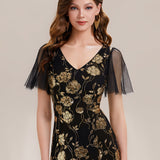 ever ORLA|Robe longue à manches courtes en sequins avec volants et décolleté en V
