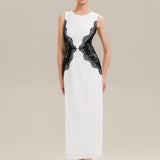 ever IVORY|Robe maxi moulante sans bretelles en jersey extensible avec col rond et dentelle à frange