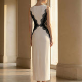 ever IVORY|Robe maxi moulante sans bretelles en jersey extensible avec col rond et dentelle à frange