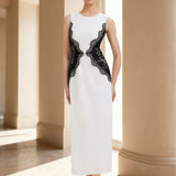 ever IVORY|Robe maxi moulante sans bretelles en jersey extensible avec col rond et dentelle à frange
