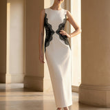 ever IVORY|Robe maxi moulante sans bretelles en jersey extensible avec col rond et dentelle à frange