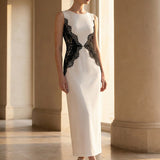 ever IVORY|Robe maxi moulante sans bretelles en jersey extensible avec col rond et dentelle à frange