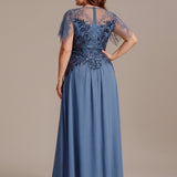 ever LUSTRE|robe longue évasée à manches courtes avec volants sequins et broderies