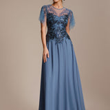 ever LUSTRE|robe longue évasée à manches courtes avec volants sequins et broderies