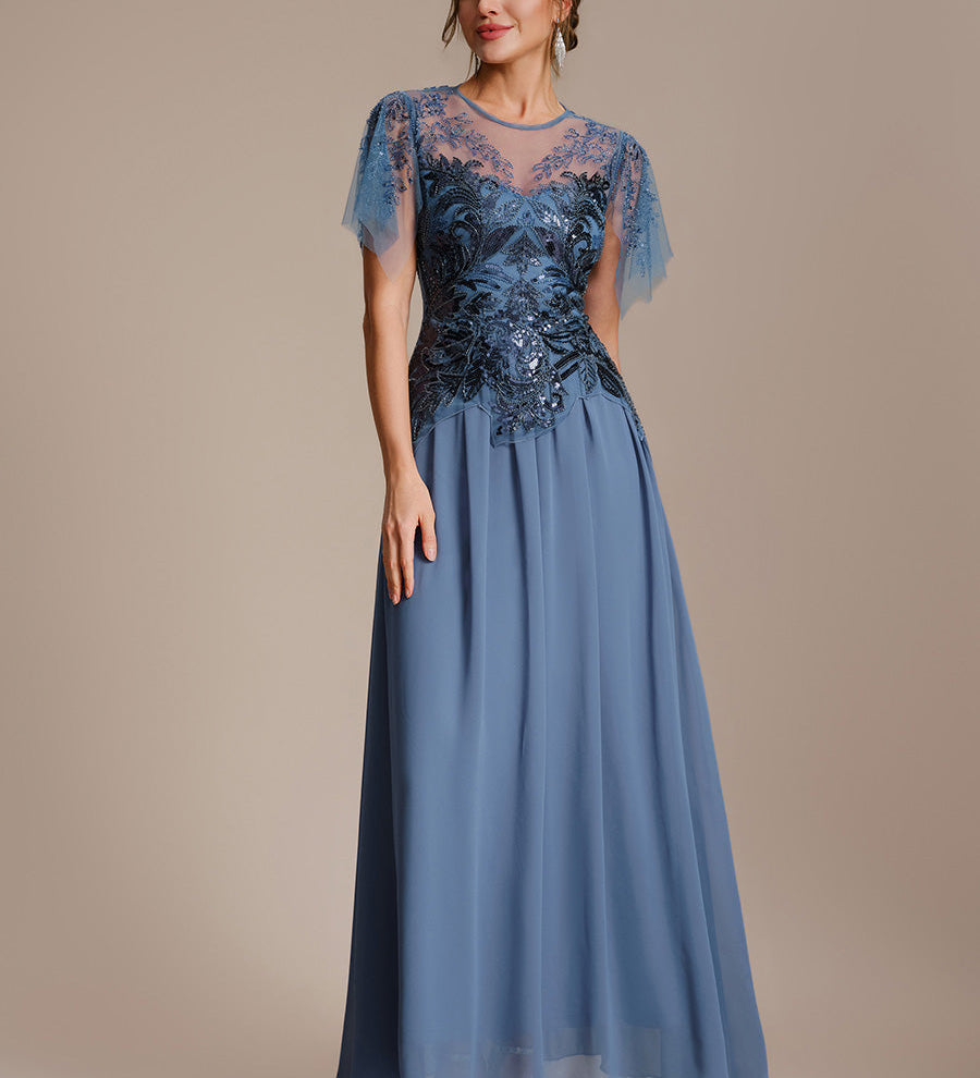 ever LUSTRE|robe longue évasée à manches courtes avec volants sequins et broderies