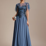 ever LUSTRE|robe longue évasée à manches courtes avec volants sequins et broderies