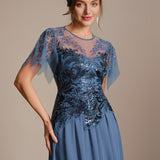 ever LUSTRE|robe longue évasée à manches courtes avec volants sequins et broderies