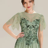 ever LUSTRE|robe longue évasée à manches courtes avec volants sequins et broderies