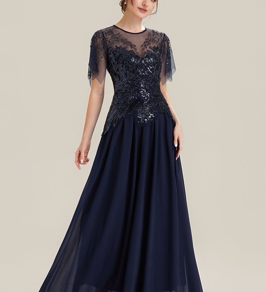 ever LUSTRE|robe longue évasée à manches courtes avec volants sequins et broderies
