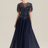 ever LUSTRE|robe longue évasée à manches courtes avec volants sequins et broderies