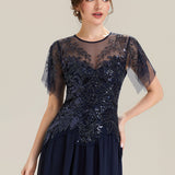 ever LUSTRE|robe longue évasée à manches courtes avec volants sequins et broderies