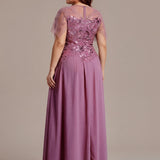 ever LUSTRE|robe longue évasée à manches courtes avec volants sequins et broderies