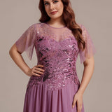 ever LUSTRE|robe longue évasée à manches courtes avec volants sequins et broderies