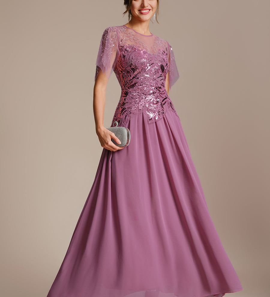 ever LUSTRE|robe longue évasée à manches courtes avec volants sequins et broderies