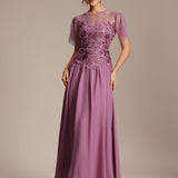 ever LUSTRE|robe longue évasée à manches courtes avec volants sequins et broderies