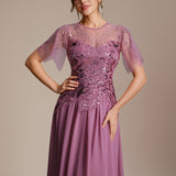 ever LUSTRE|robe longue évasée à manches courtes avec volants sequins et broderies