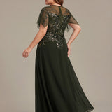 ever LUSTRE|robe longue évasée à manches courtes avec volants sequins et broderies