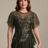 ever LUSTRE|robe longue évasée à manches courtes avec volants sequins et broderies
