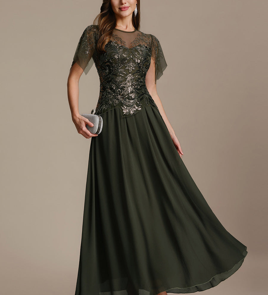 ever LUSTRE|robe longue évasée à manches courtes avec volants sequins et broderies