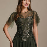 ever LUSTRE|robe longue évasée à manches courtes avec volants sequins et broderies