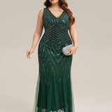 ever GLAMOUR|Robe longue sans manches à décolleté en V profond en mermaid avec patchwork de sequins à haute élasticité