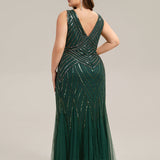 ever GLAMOUR|Robe longue sans manches à décolleté en V profond en mermaid avec patchwork de sequins à haute élasticité