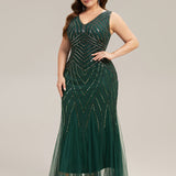 ever GLAMOUR|Robe longue sans manches à décolleté en V profond en mermaid avec patchwork de sequins à haute élasticité