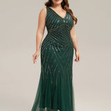ever GLAMOUR|Robe longue sans manches à décolleté en V profond en mermaid avec patchwork de sequins à haute élasticité