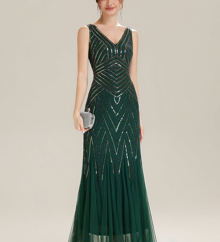 ever GLAMOUR|Robe longue sans manches à décolleté en V profond en mermaid avec patchwork de sequins à haute élasticité