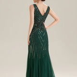 ever GLAMOUR|Robe longue sans manches à décolleté en V profond en mermaid avec patchwork de sequins à haute élasticité