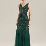 ever GLAMOUR|Robe longue sans manches à décolleté en V profond en mermaid avec patchwork de sequins à haute élasticité