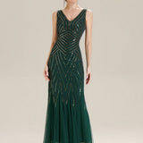 ever GLAMOUR|Robe longue sans manches à décolleté en V profond en mermaid avec patchwork de sequins à haute élasticité