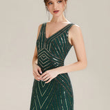 ever GLAMOUR|Robe longue sans manches à décolleté en V profond en mermaid avec patchwork de sequins à haute élasticité