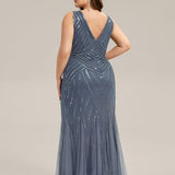 ever GLAMOUR|Robe longue sans manches à décolleté en V profond en mermaid avec patchwork de sequins à haute élasticité