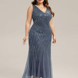 ever GLAMOUR|Robe longue sans manches à décolleté en V profond en mermaid avec patchwork de sequins à haute élasticité