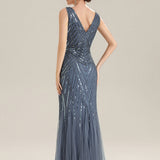 ever GLAMOUR|Robe longue sans manches à décolleté en V profond en mermaid avec patchwork de sequins à haute élasticité