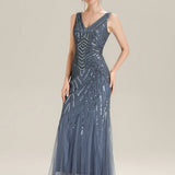ever GLAMOUR|Robe longue sans manches à décolleté en V profond en mermaid avec patchwork de sequins à haute élasticité