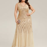 ever GLAMOUR|Robe longue sans manches à décolleté en V profond en mermaid avec patchwork de sequins à haute élasticité