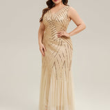 ever GLAMOUR|Robe longue sans manches à décolleté en V profond en mermaid avec patchwork de sequins à haute élasticité