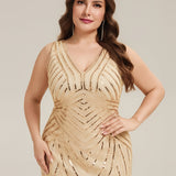 ever GLAMOUR|Robe longue sans manches à décolleté en V profond en mermaid avec patchwork de sequins à haute élasticité